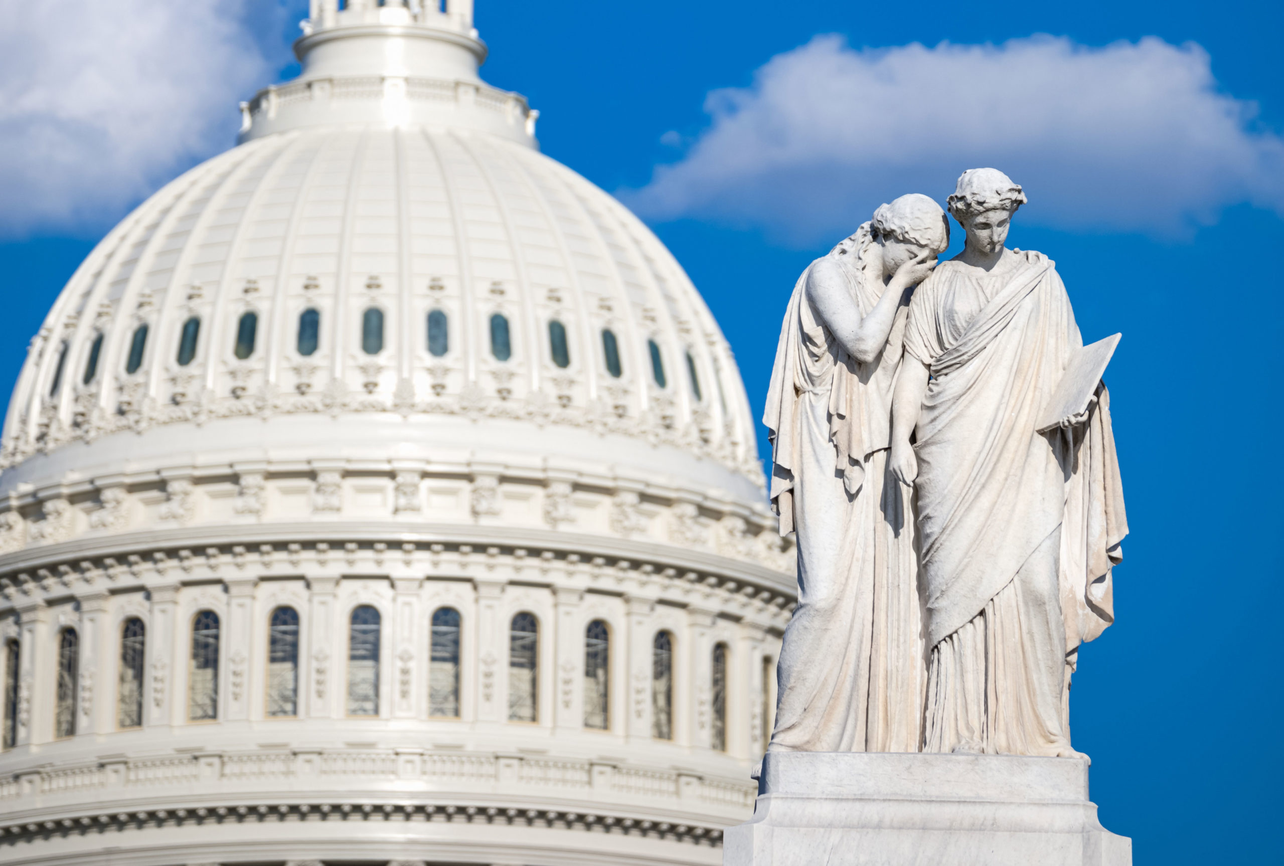 The marble Peace Monument, dedicated to those in the US Navy who died in the Civil War, located on Capitol HIll in Washington, DC. Sculptor Franklin Simmons completed it in 1878.