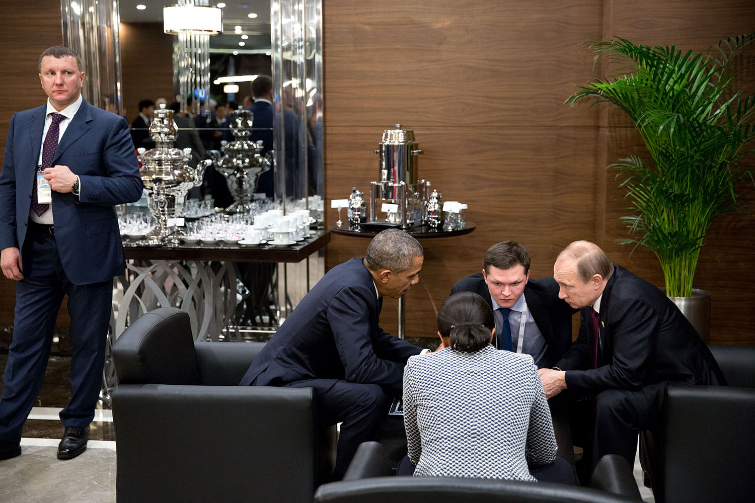 Nov. 15, 2015. With a Russian security guard at left, the President meets with President Putin of Russia on the sidelines of the G20 Summit in Antalya, Turkey. National Security Advisor Susan E. Rice and a Russian interpreter sit alongside the two leaders.