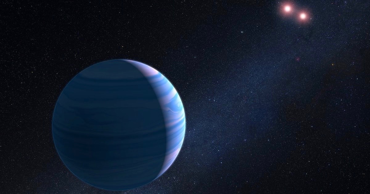 This artist’s impression shows a gas giant planet circling the two red dwarf stars in the system OGLE-2007-BLG-349, located 8 000 light-years away. The planet — with a mass similar to Saturn — orbits the two stars at a distance of roughly 480 million kilometres. The two red dwarf stars are a mere 11 million kilometres apart. The artist's impression is based on observations made with Hubble that helped astronomers confirm the existence of a planet orbiting The two stars in the system. The system is too far away for Hubble to take an image of the planet. Instead, its presence was inferred from gravitational microlensing. This phenomenon occurs when the gravity of a foreground star bends and amplifies the light of a background star that momentarily aligns with it. The particular character of the light magnification can reveal clues to the nature of the foreground star and any associated planets. The Hubble observations represent the first time such a three-body system has been confirmed using the gravitational microlensing technique.