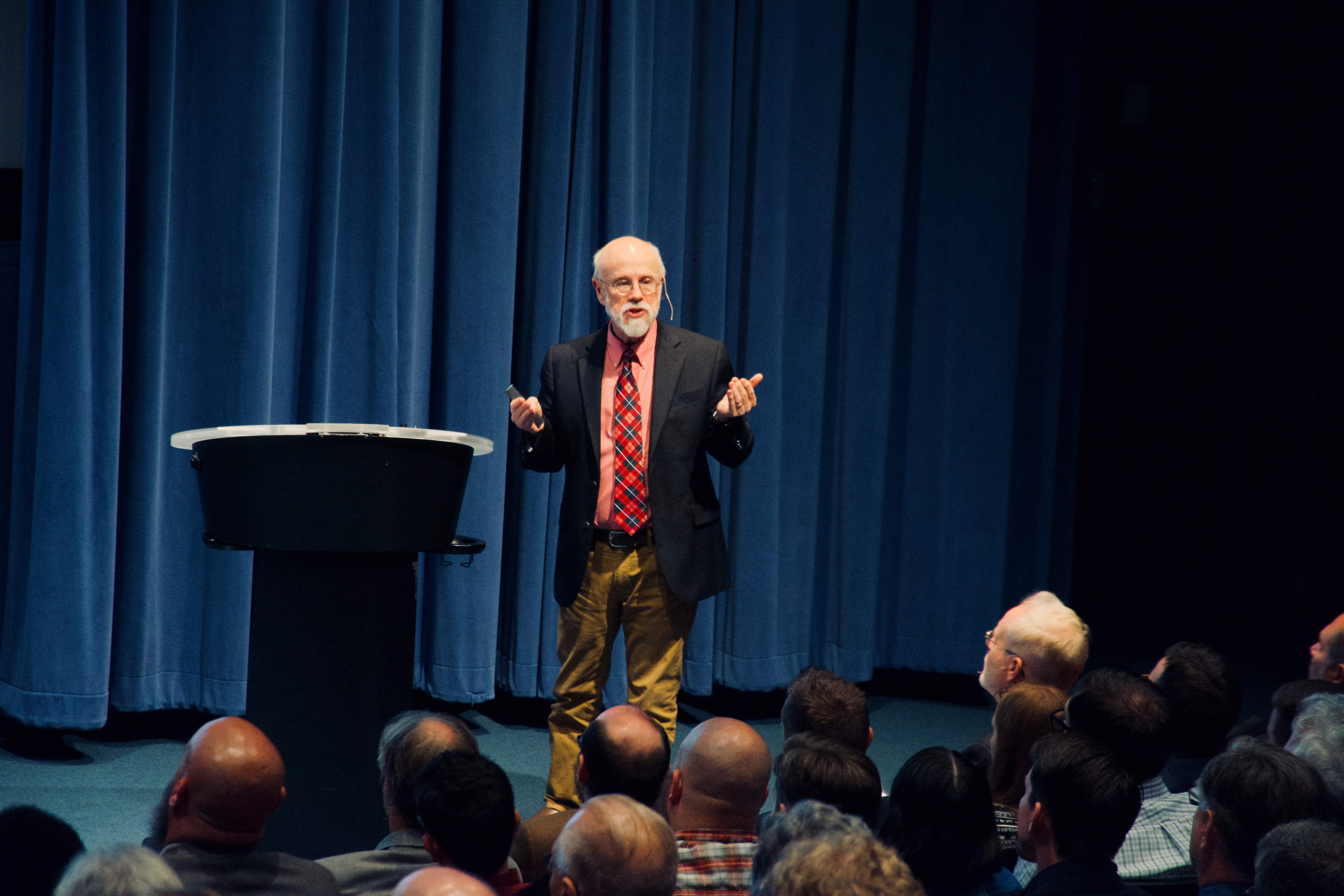 Michael Behe shares the main theses of Darwin Devolves at the Nesholm Family Lecture Hall in McCaw Hall at Seattle Center on July 10, 2019.