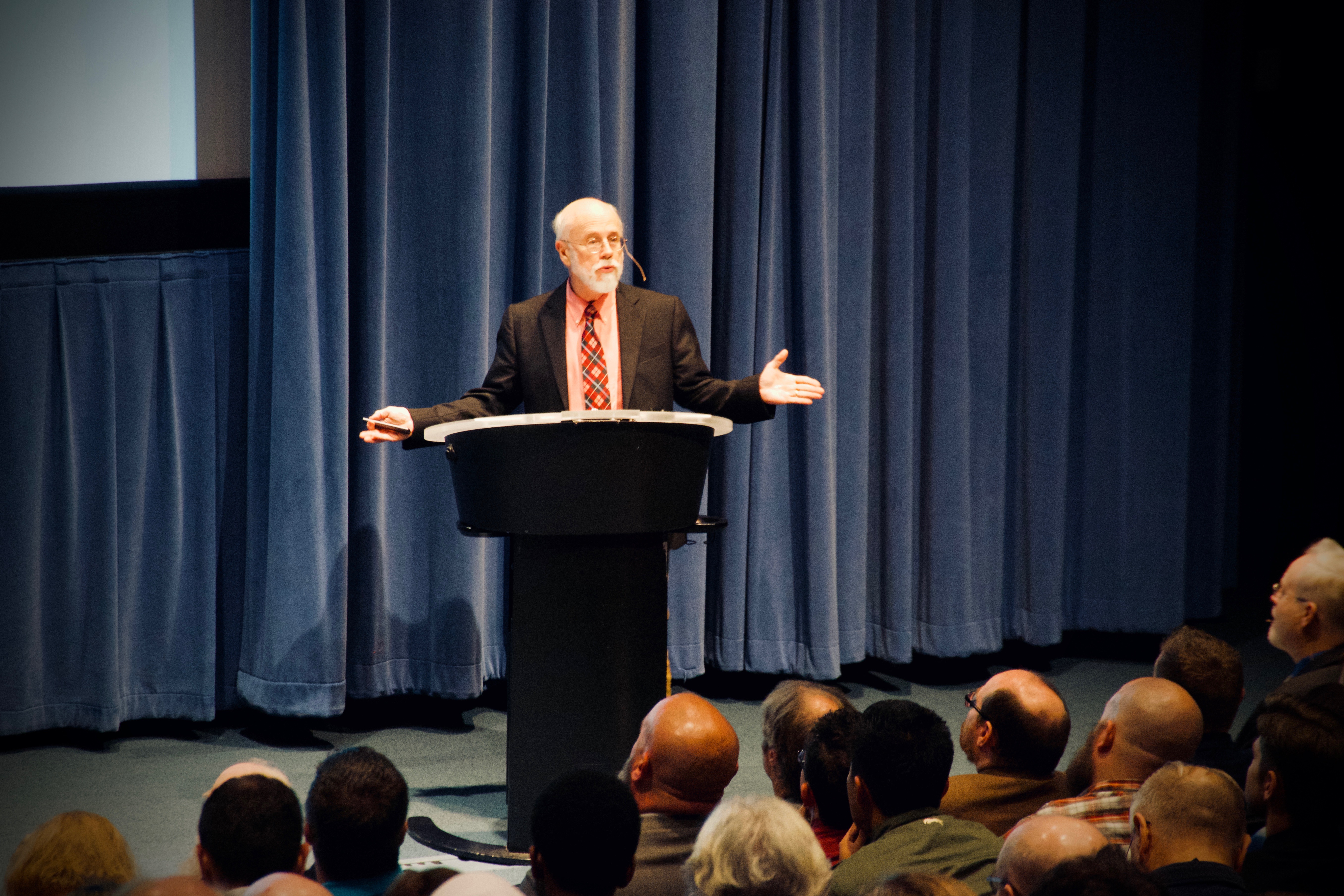 Michael Behe shares the main theses of Darwin Devolves at the Nesholm Family Lecture Hall in McCaw Hall at Seattle Center on July 10, 2019.