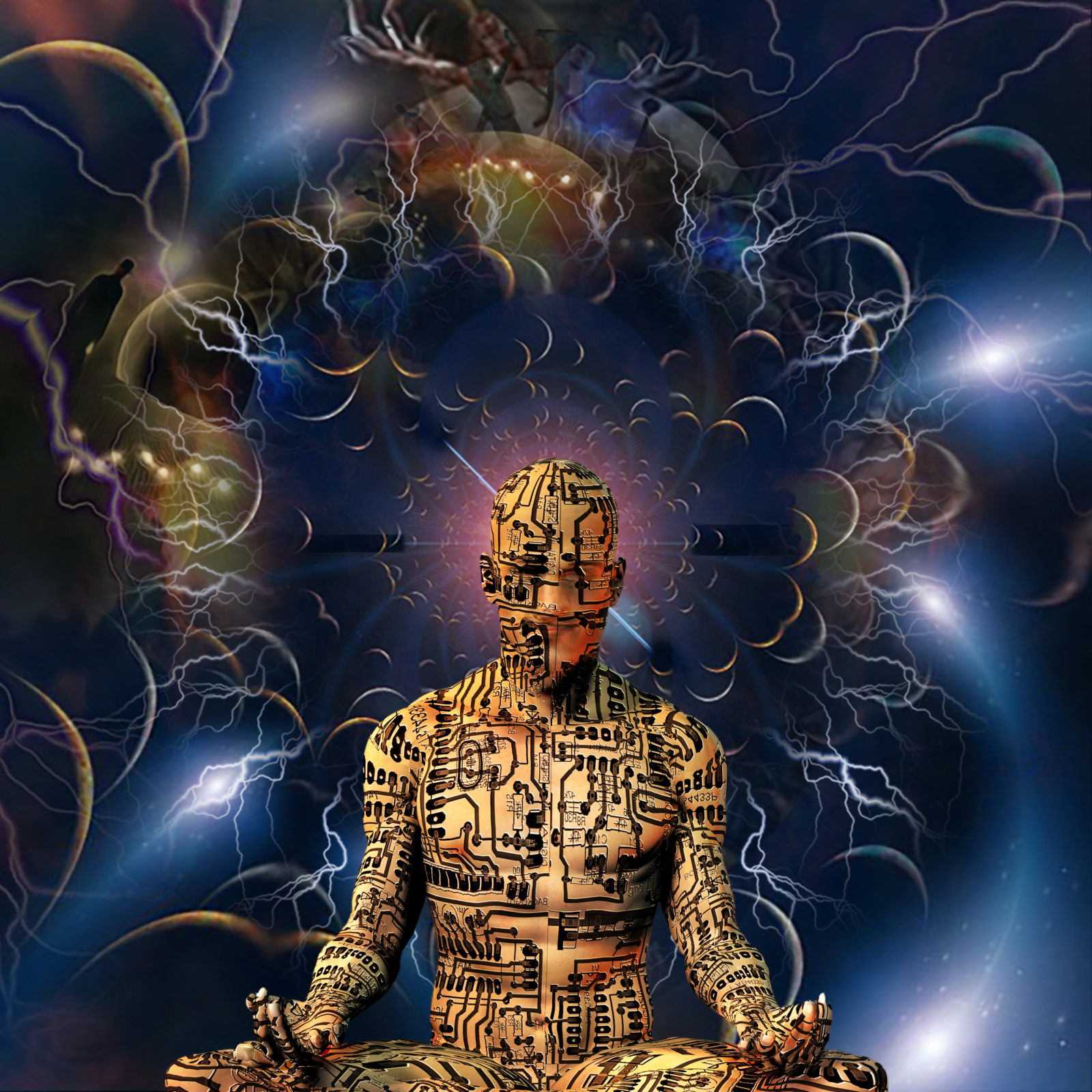 Cyborg Meditation. Droid in lotus pose in endless space