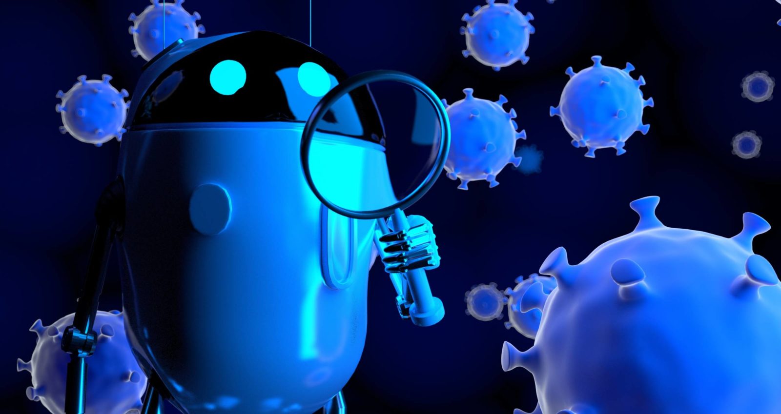 The robot studies a coronavirus with magnifier,nano robot with bacterium,3d render.