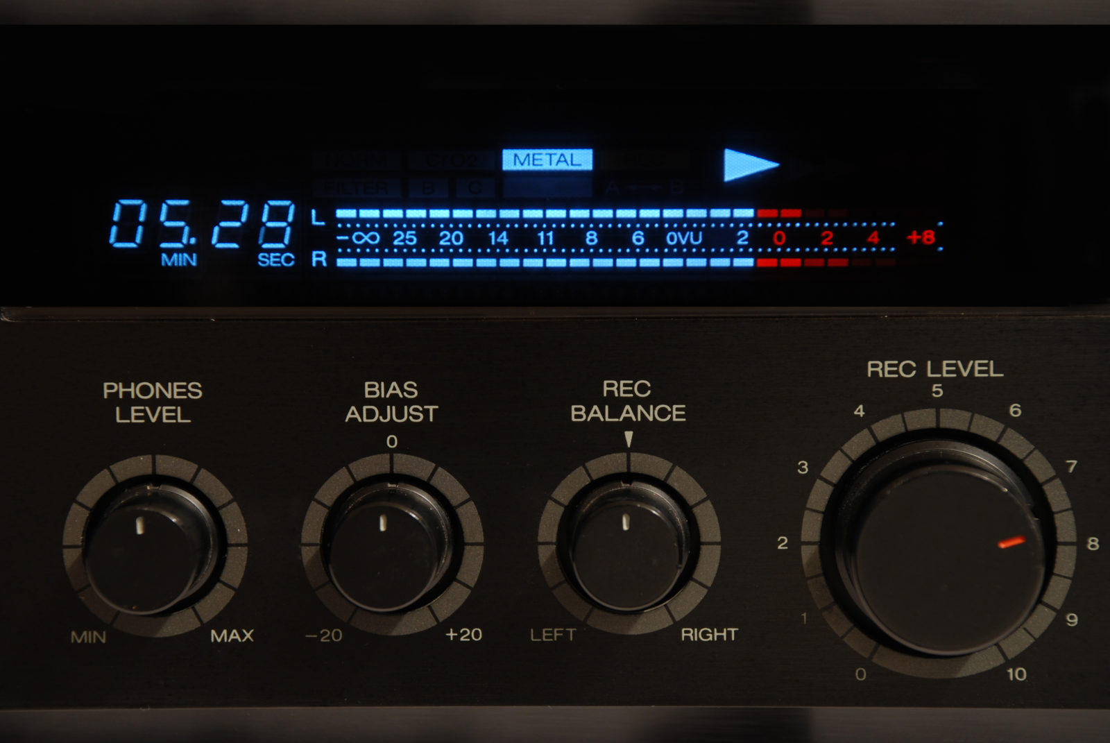 VU meter in an old black cassette tape player