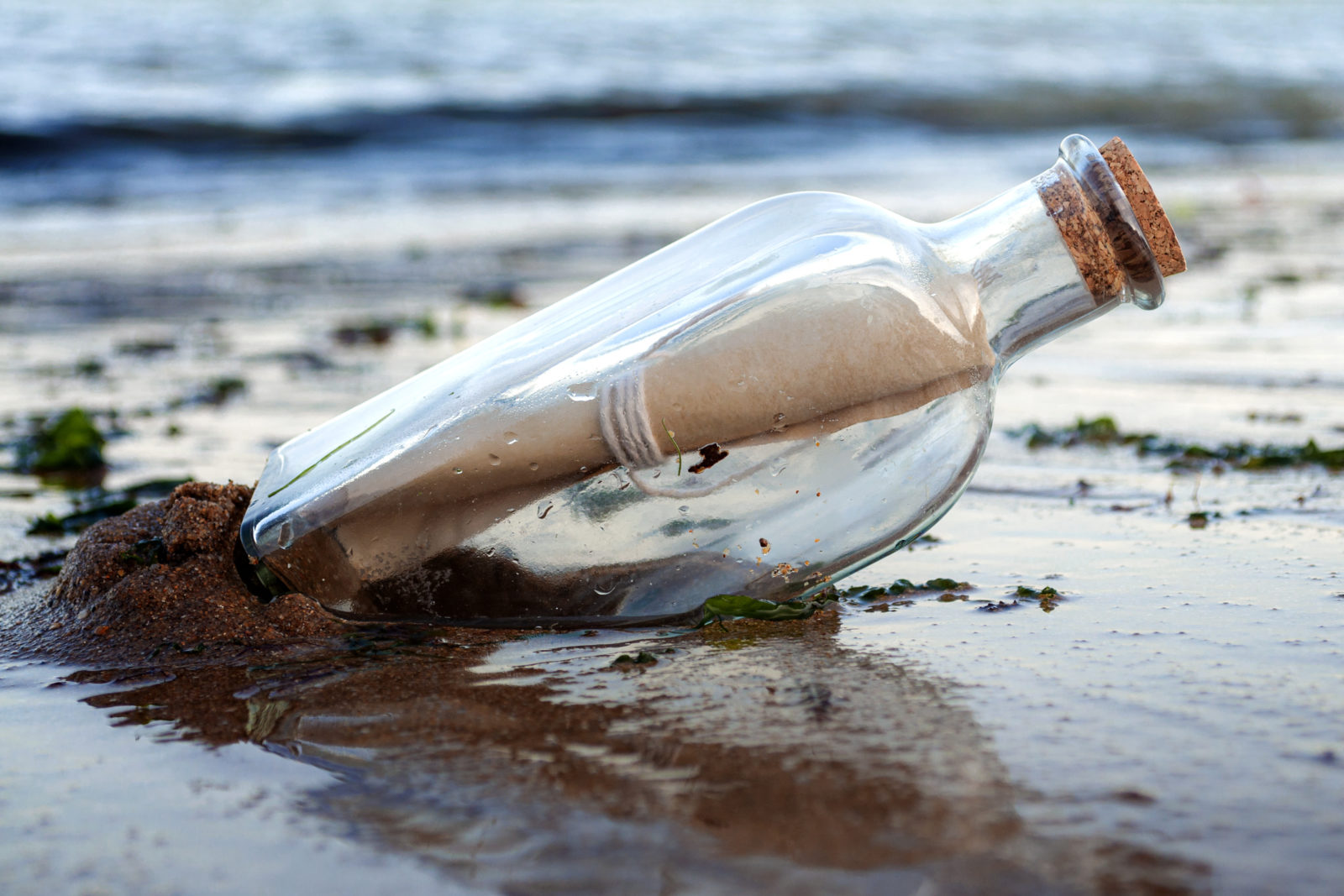 Asking for assistance, optimism and survivor desperation to contact the world conceptual idea with a message in a glass bottle with a cork washing away on sandy beach with the ocean in the background