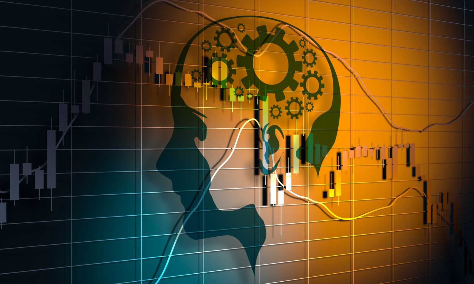 Forex candlestick pattern. Trading chart concept. Financial market chart. Human head silhouette. 3D rendering