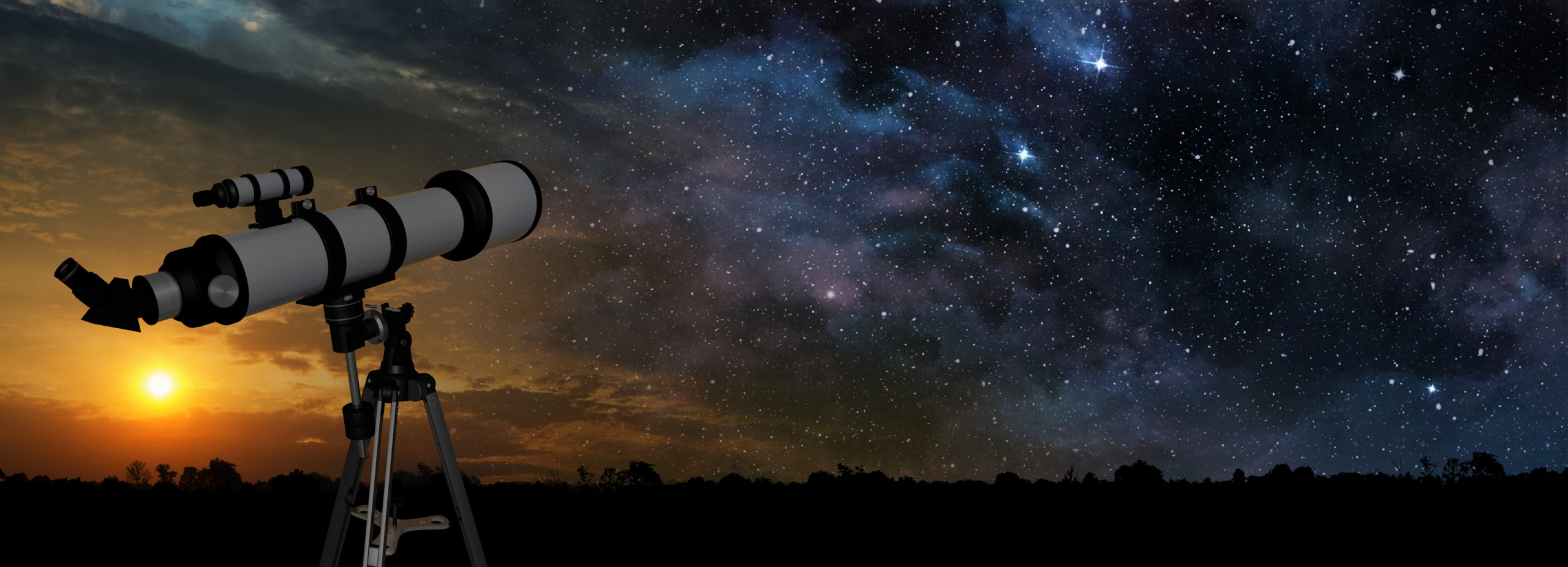 milky way at sunset and telescope in the foreground