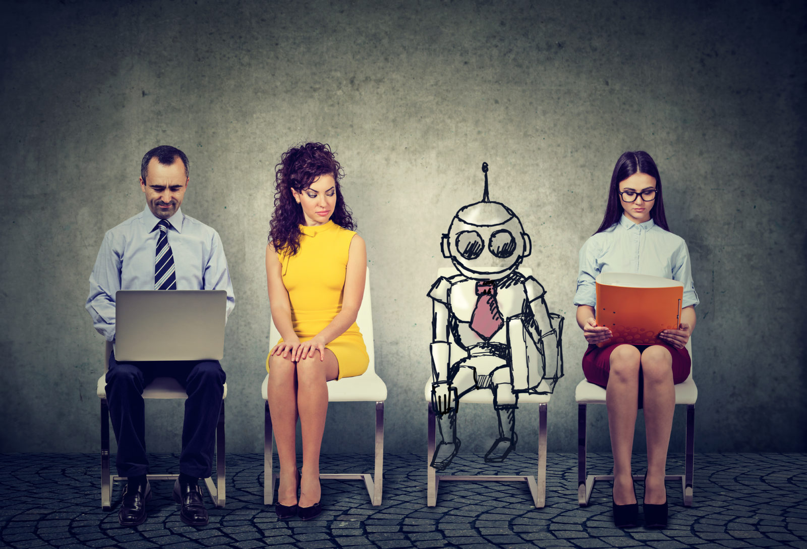 Cartoon robot sitting in line with human applicants for a job interview