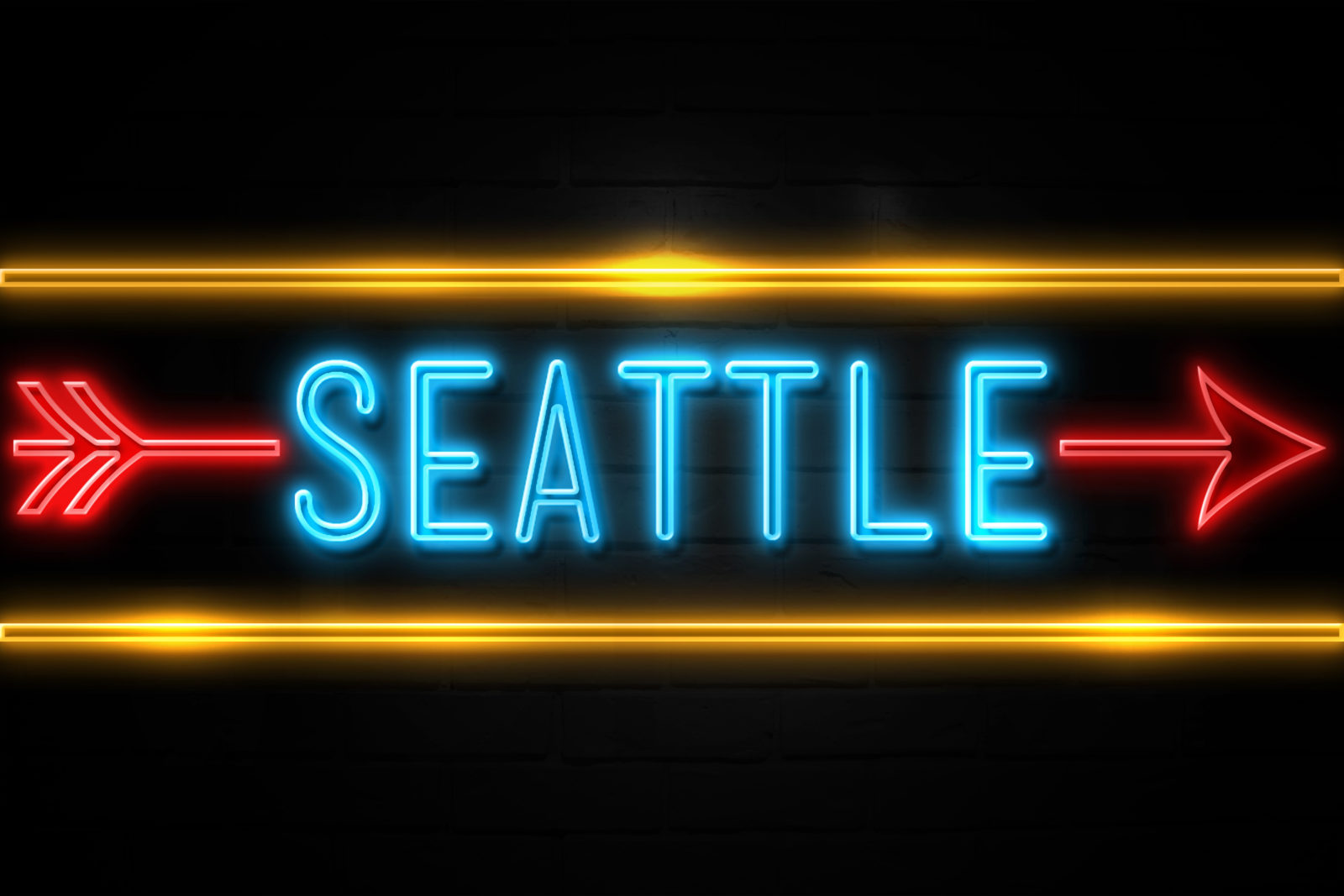 Seattle  - fluorescent Neon Sign on brickwall Front view