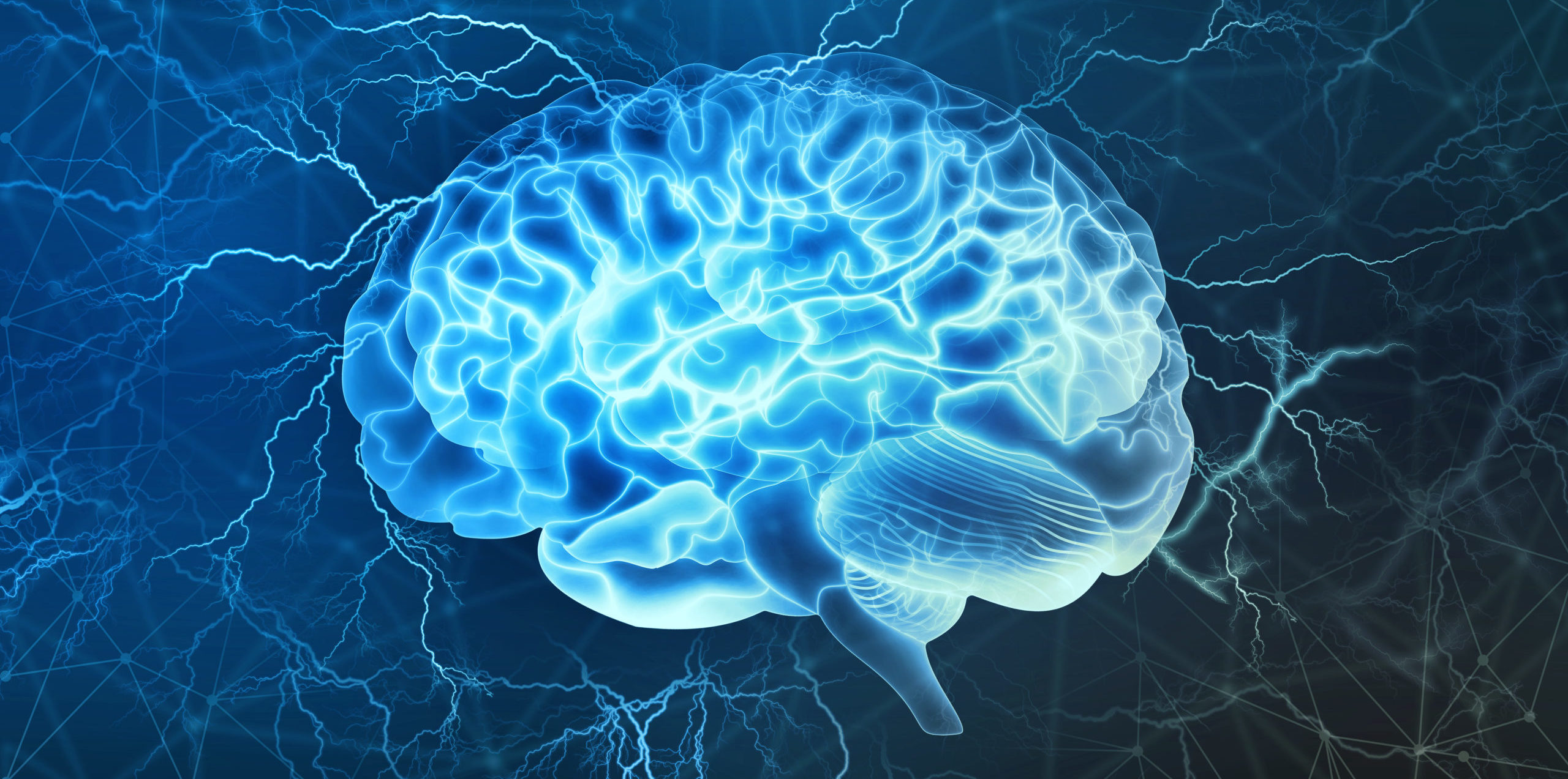 Human brain digital illustration. Electrical activity, flashes and lightning on a blue background.