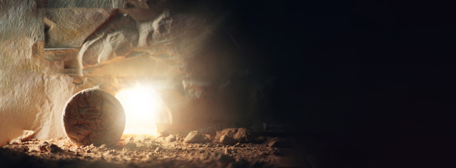 Christian Easter concept. Jesus Christ resurrection. Empty tomb of Jesus with light. Born to Die, Born to Rise.