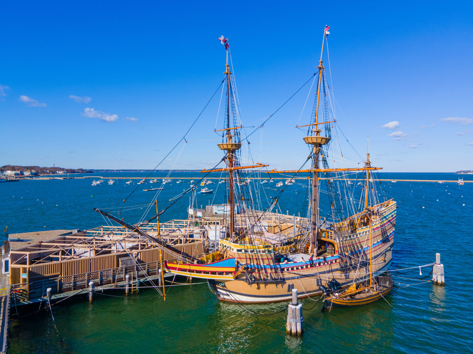 Mayflower II is a reproduction of the 17th century ship Mayflower docked at town of Plymouth, Massachusetts MA, USA.