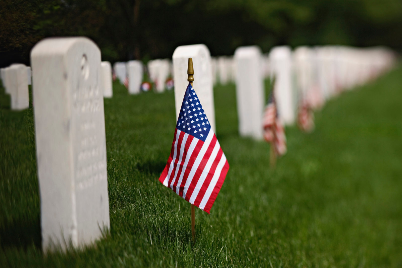 American flags on tombs of American Veterans on Memorial Day, Zachary Taylor National Cemetery, Louisville, Kentucky (Blur Effect)On National Register of Historic Places