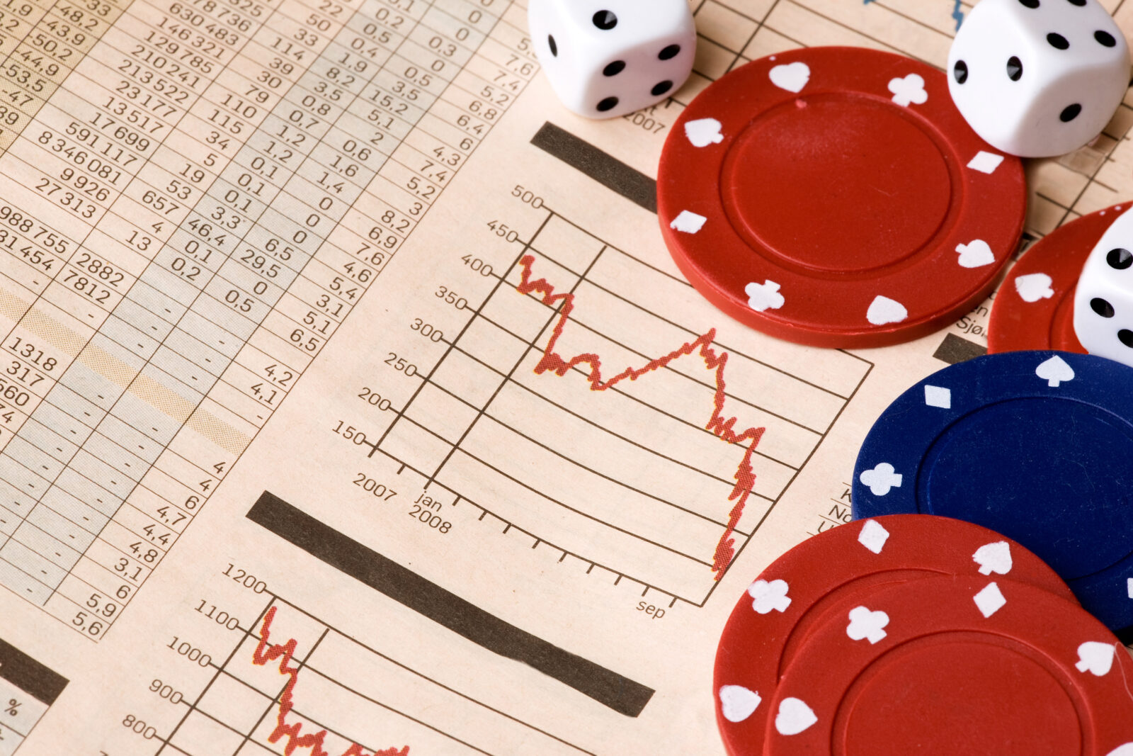 dice and casino chips on a stock market chart