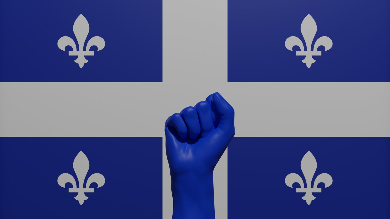 A single raised blue fist in the center in front of the flag of Quebec