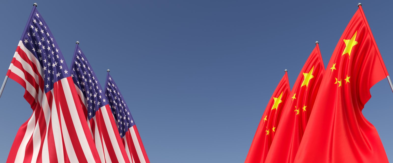 Flags of the United States and China on flagpoles on sides. Six flags on a blue background. America. USA. Washington. Beijing, Hong Kong. 3D illustration.