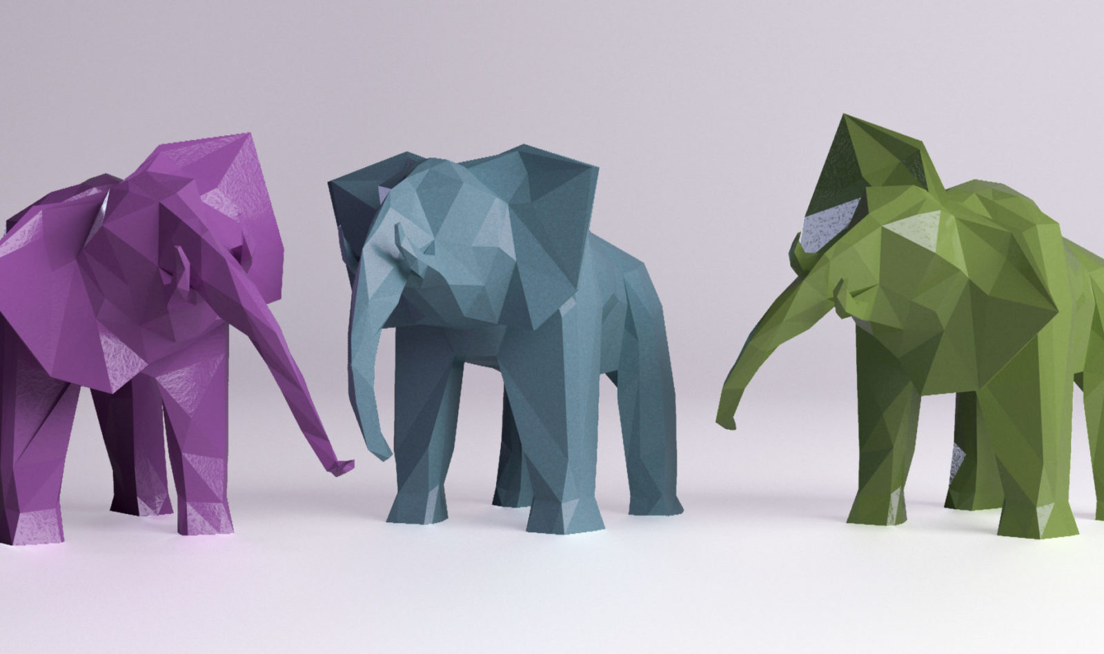 3d render for 3 colorful elephant type low poly