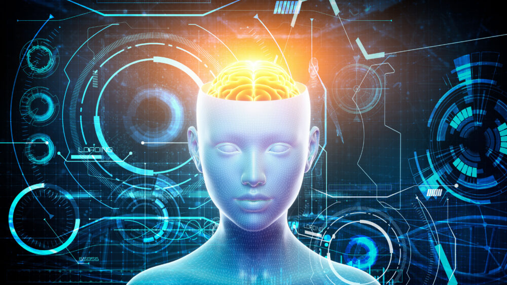 3 D illustration of a man's head and brain with graphic elements.  Artificial intelligence and machine learning concept.