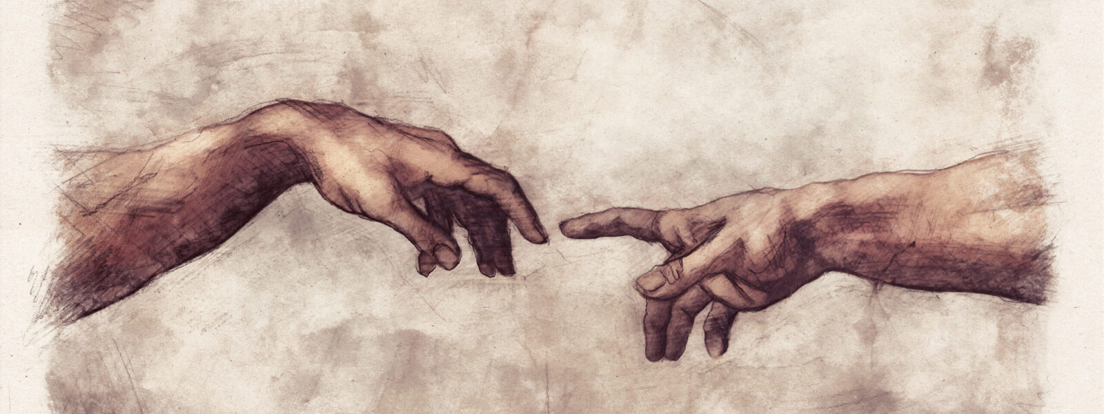 Hands reaching. Digital illustration sketch in the style of old renaissance drawings on paper.