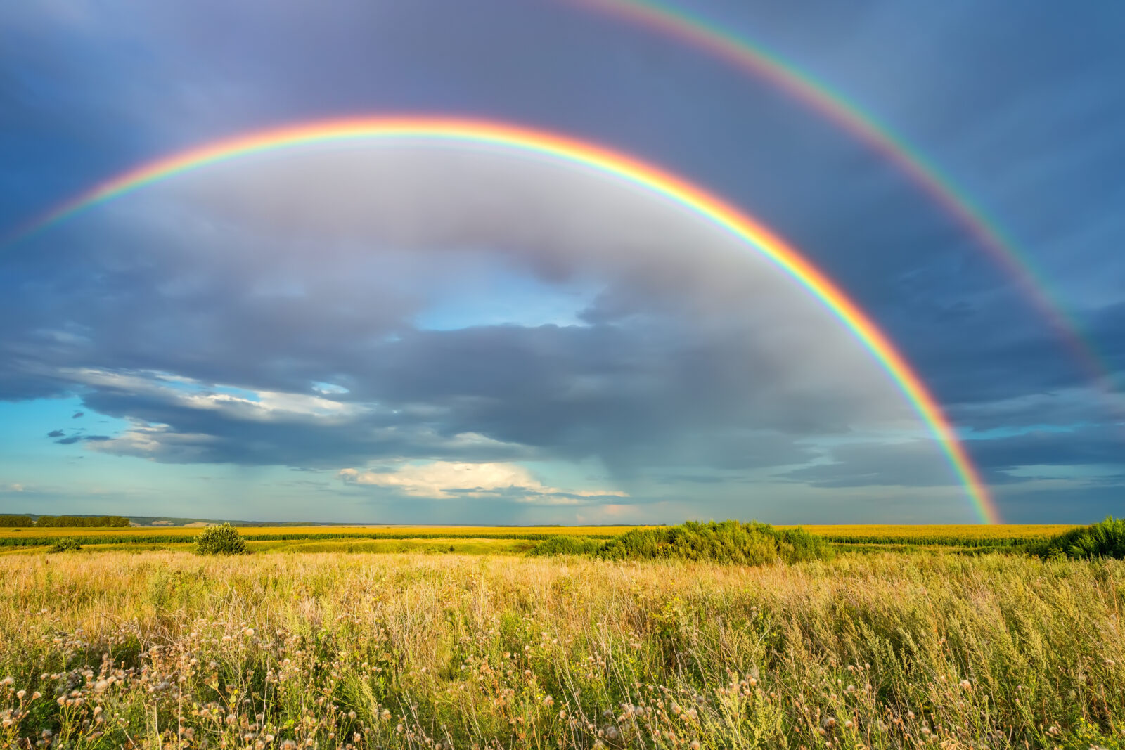 Rainbow over stormy sky. Rural landscape with rainbow over dark stormy sky in a countryside at summer day.