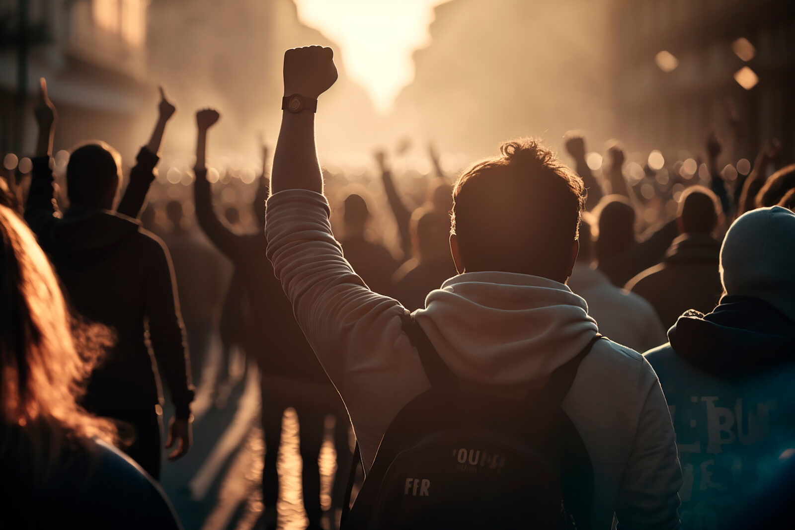 Crowd of people at a protest rally in America against the current government with their hands in the air, view from the back, peaceful march of the country's for freedom and democracy. Generative AI