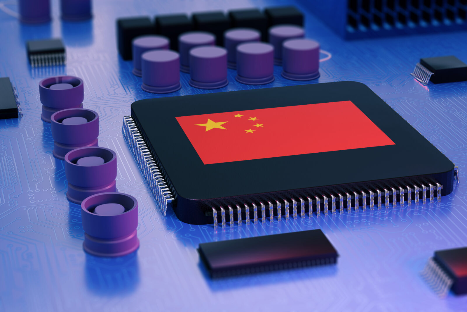 Computer chip with chinese flag, can china spy on united states. 3d conceptual illustration
