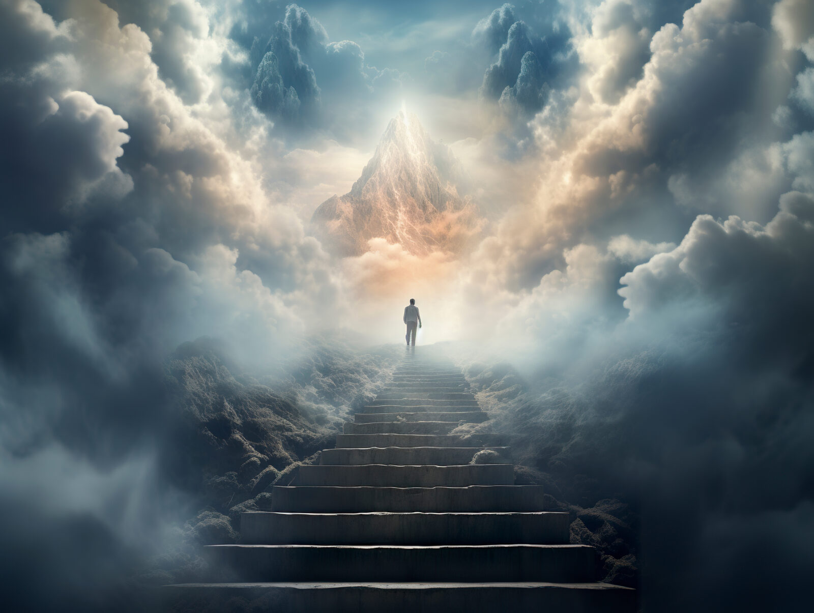 An individual journeys up the stairway to heaven, transcending mortality and entering the afterlife. Ascending through celestial clouds. Generative AI