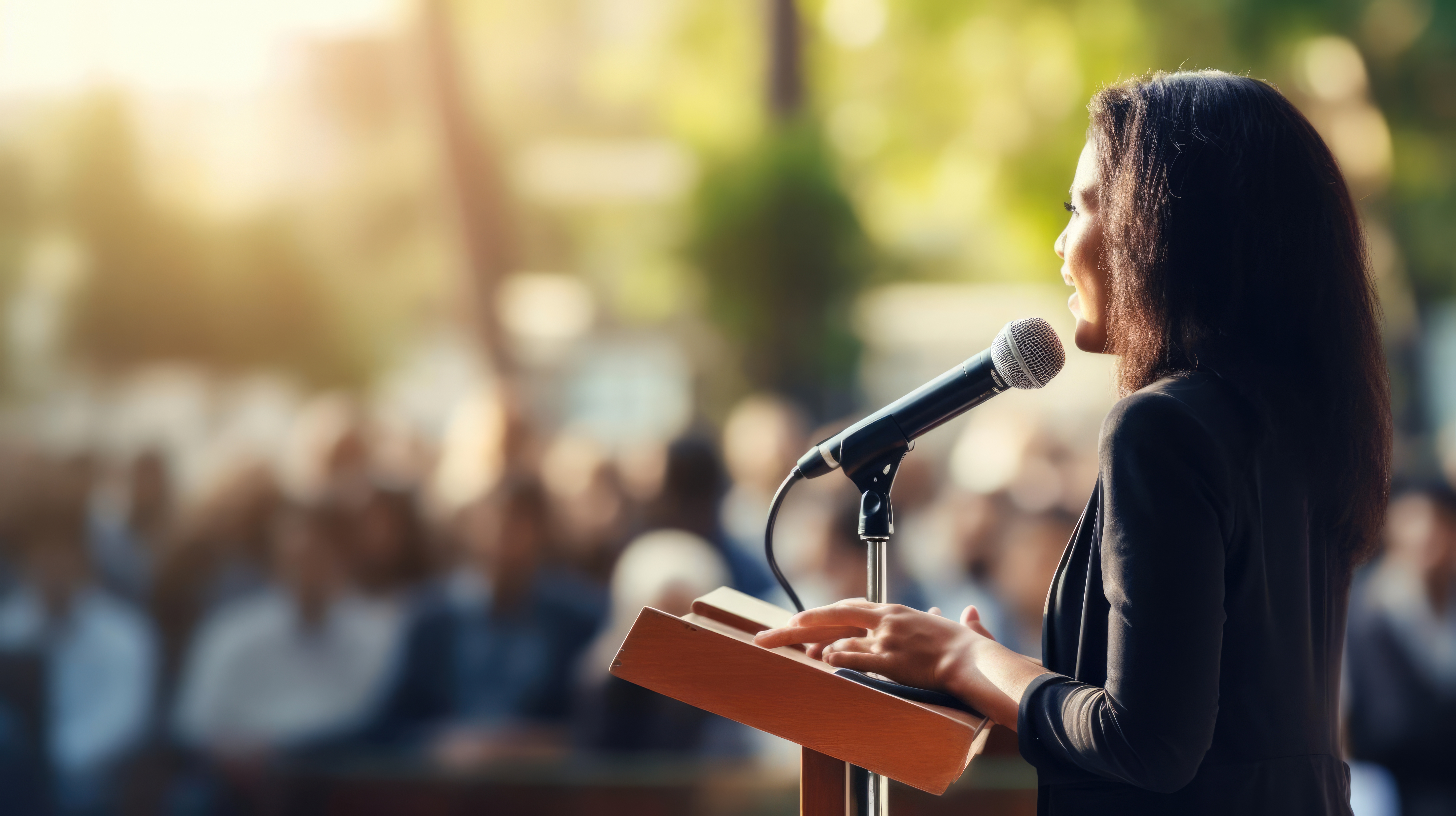 A speaker leader woman standing make a speech with a microphone in front of audiences on stage outside in public