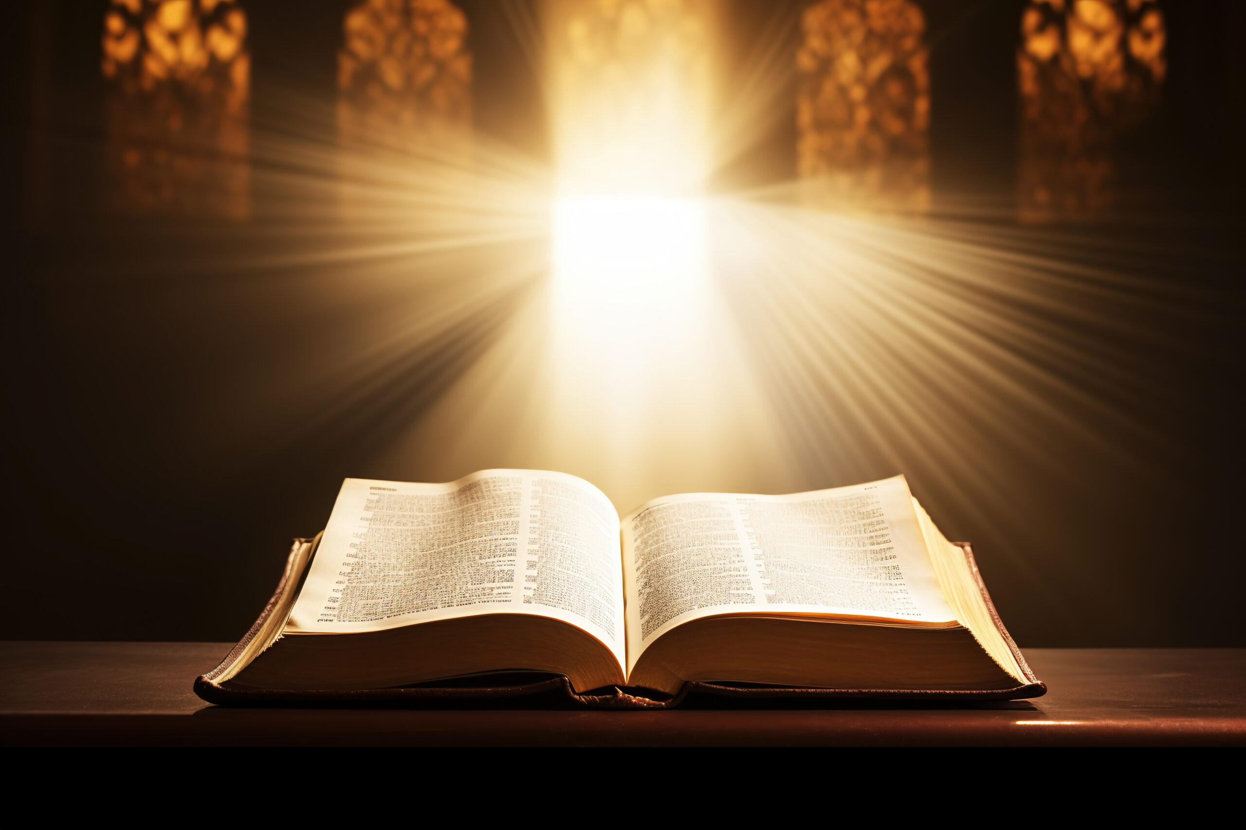 Open Holy bible book with glowing lights in church