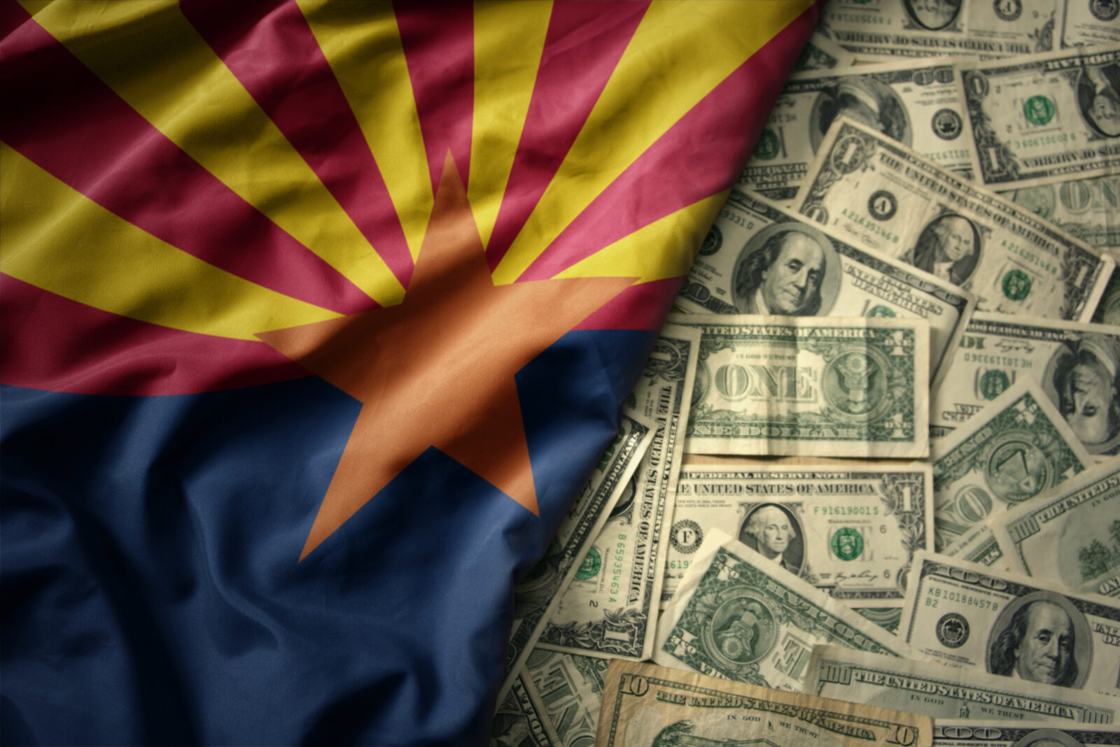 colorful waving national flag of arizona state on a american dollar money background. finance concept