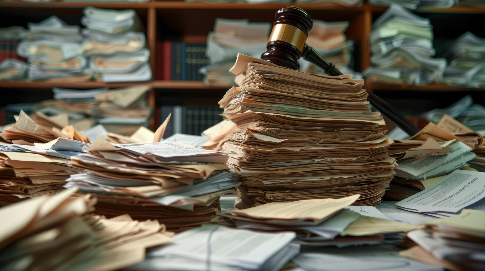 A lawyer's gavel rests atop a stack of court records and documents, symbolizing justice and case resolution.