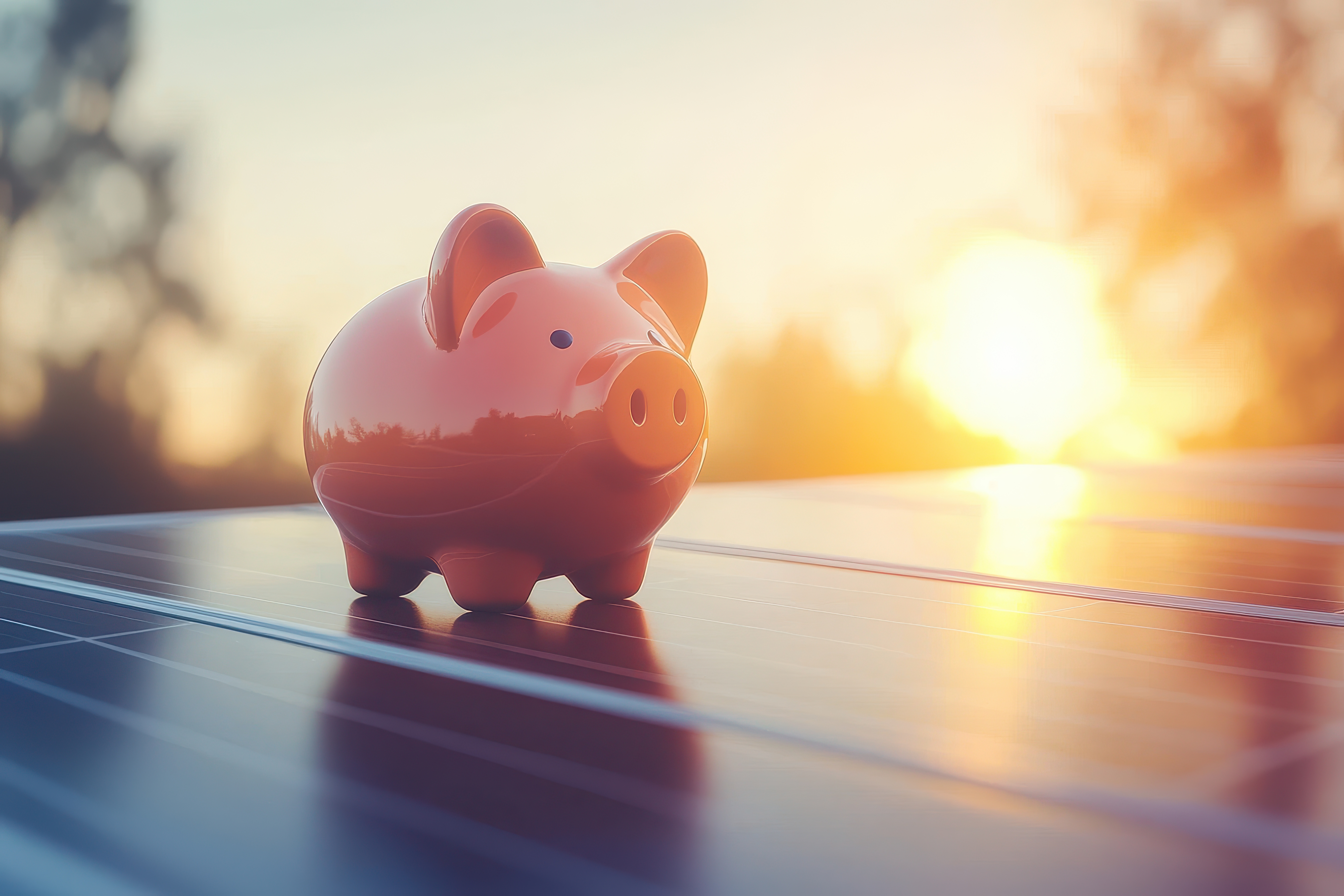 A piggy bank placed on a solar panel at sunset, symbolizing savings through renewable energy, sustainability, and eco-friendly investments.