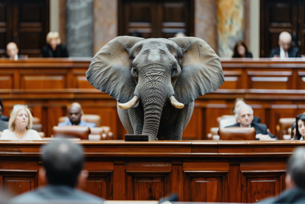 Elephant lawyer in a courtroom an imposing figure in a tailored suit presenting a case