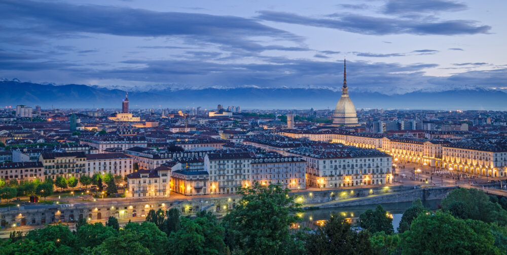 Turin (Torino), high definition panorama at twilight