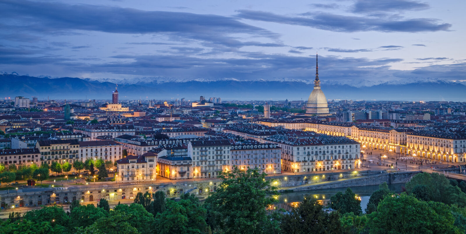 Turin (Torino), high definition panorama at twilight