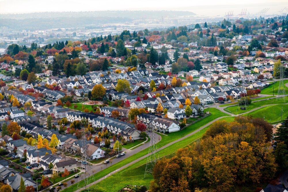 Seattle Urban Sprawl with colorful trees in autumn - aerial