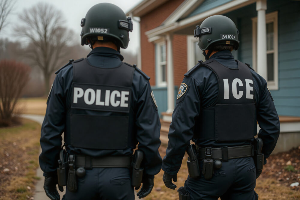 US Immigration and Customs Enforcement (ICE) with police going to homes suspected of housing illegal immigrants during raids to detain and arrest foreign nationals who entered US illegally. Concept.