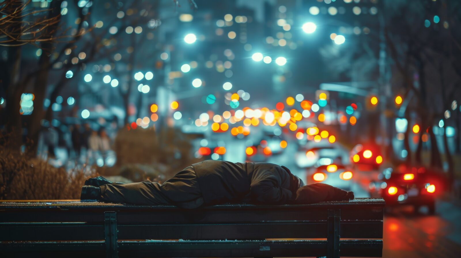 a homeless person lying on a bench, with city traffic in the background