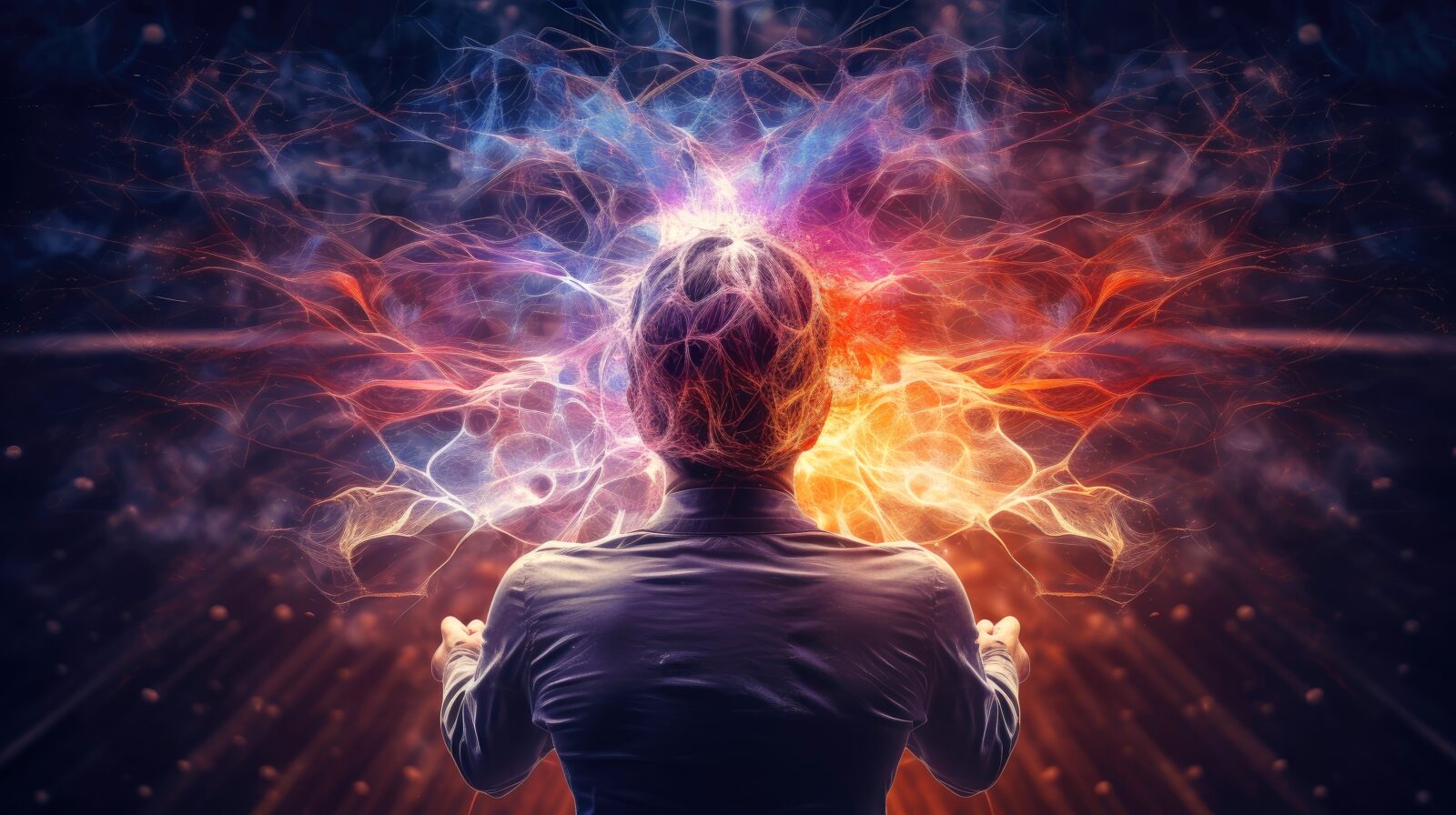 Energy of Thought. Human head emitting abstract fractal structure to illustrate working of human mind, Generative AI illustration
