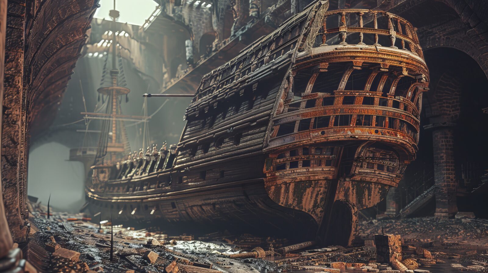 the symbolic ship of thesus , wooden big ship ,old ancient ship with a repairing module and parts etc in a big ancient royal sunroofed hall
