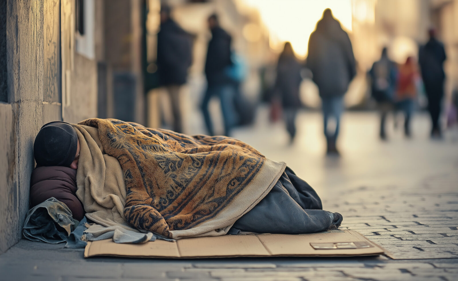 Elderly homeless man sitting on the street with a thoughtful expression in an urban setting.
