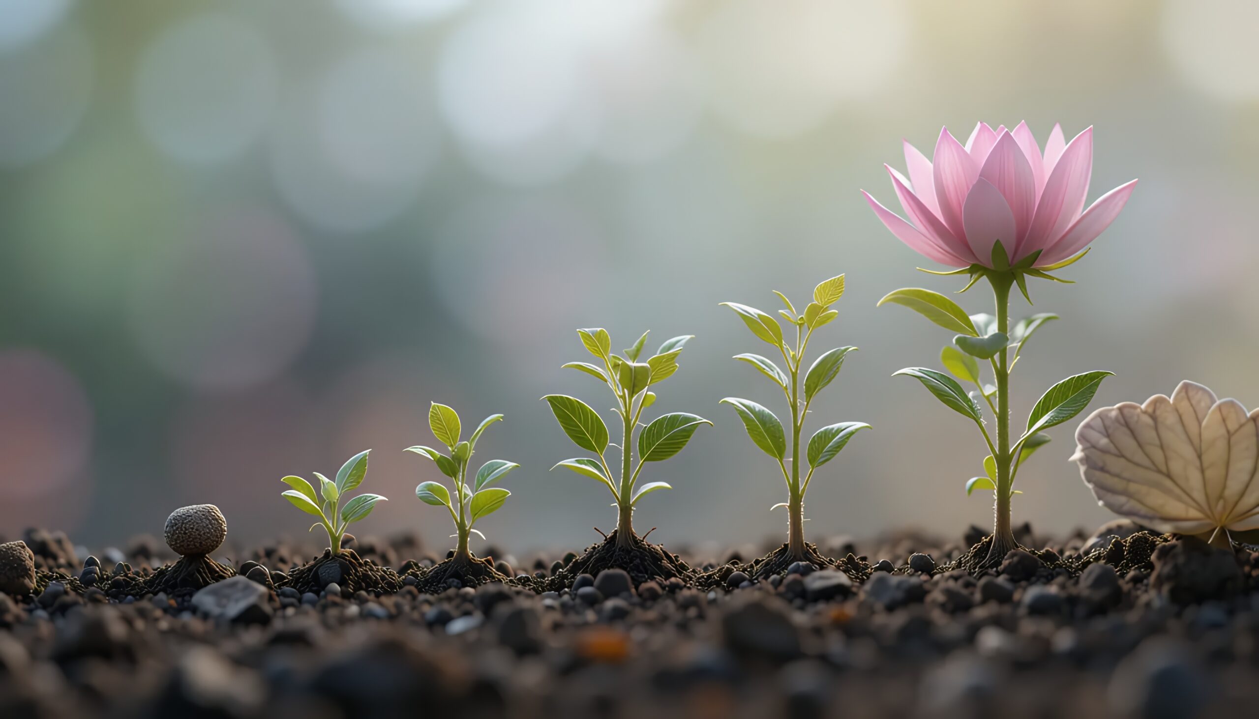 Pink Flower Growth Stages: From Seed to Bloom, Representing Business Growth, Career Success, and Life's Journey. Concept Image for Marketing, Investment, and Sustainable Growth.