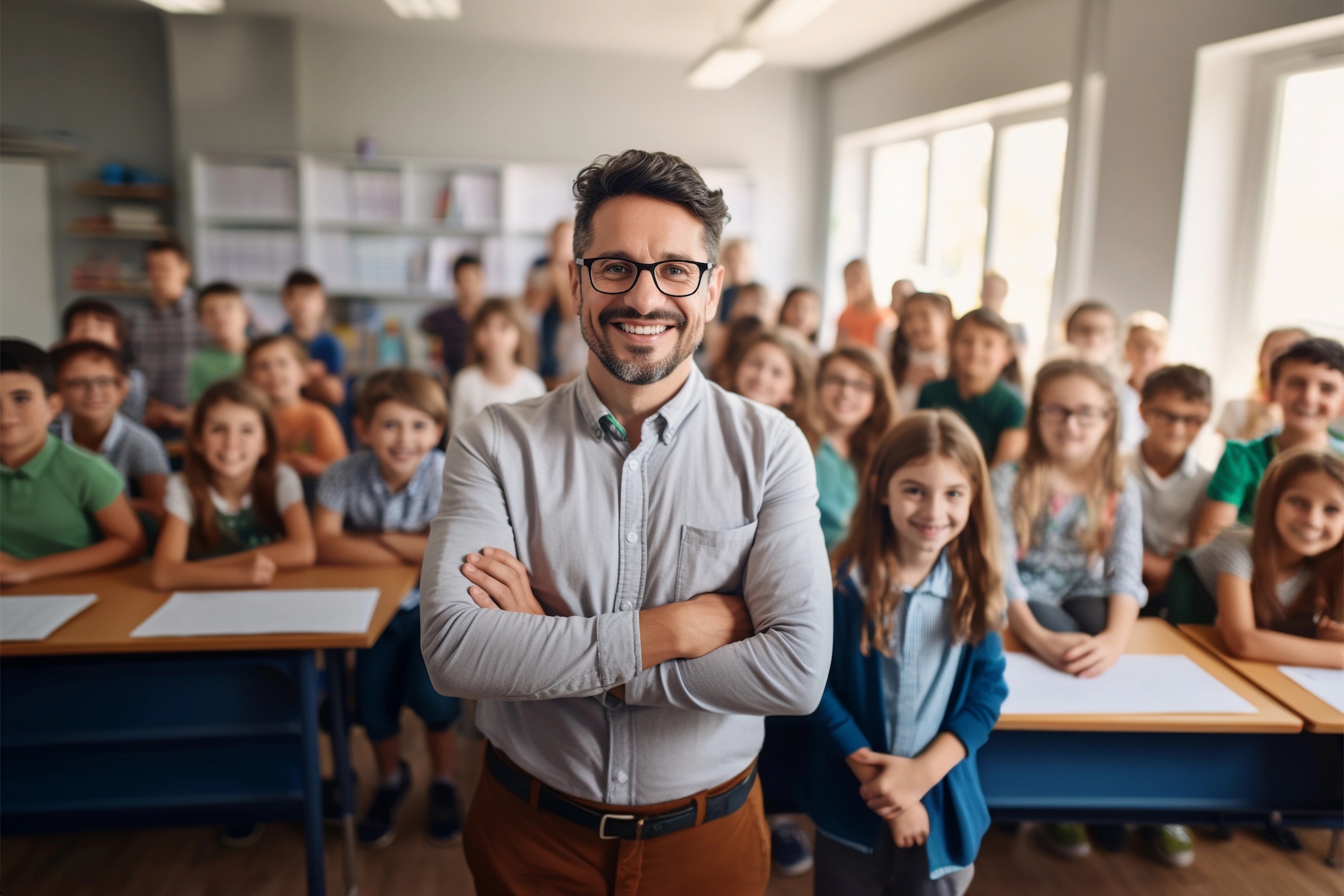 Portrait of smiling male teacher in a class at elementary school looking at camera with learning students on background