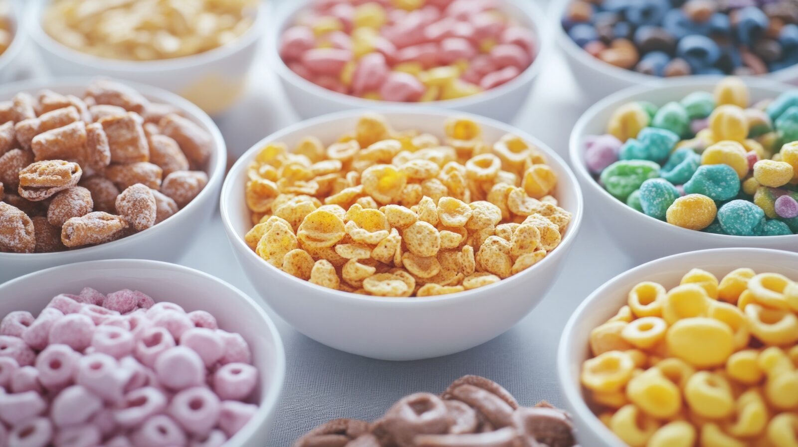 Vibrant cereal bowls displaying various colorful breakfast options