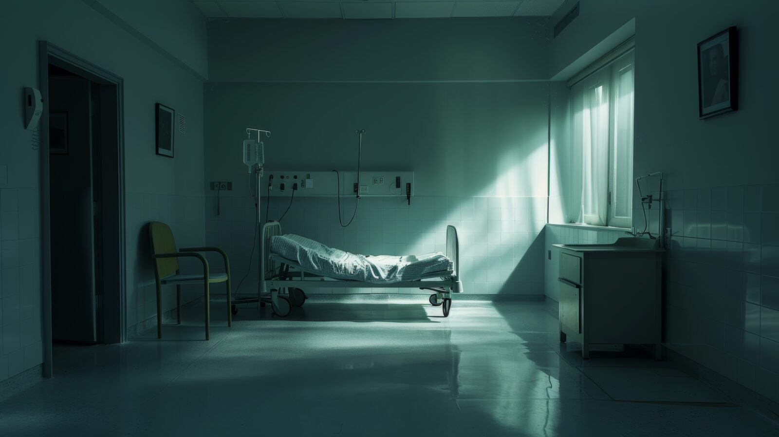 A desolate hospital room with an empty bed, a single IV stand casting a shadow on the floor, sterile white lighting highlighting the emptiness