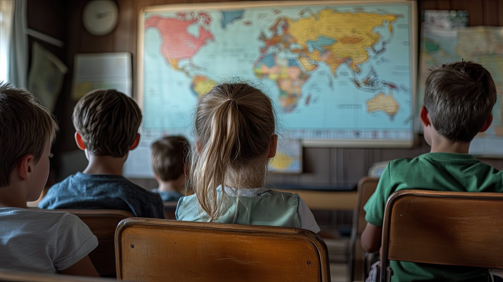 Children learning geography with maps on the blackboard, at school.