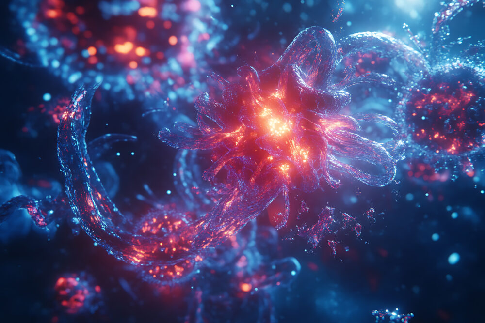 Futuristic nanotechnology particles interacting with cells in the human bloodstream, showcasing deep tech innovation in medicine with high realism and detail.