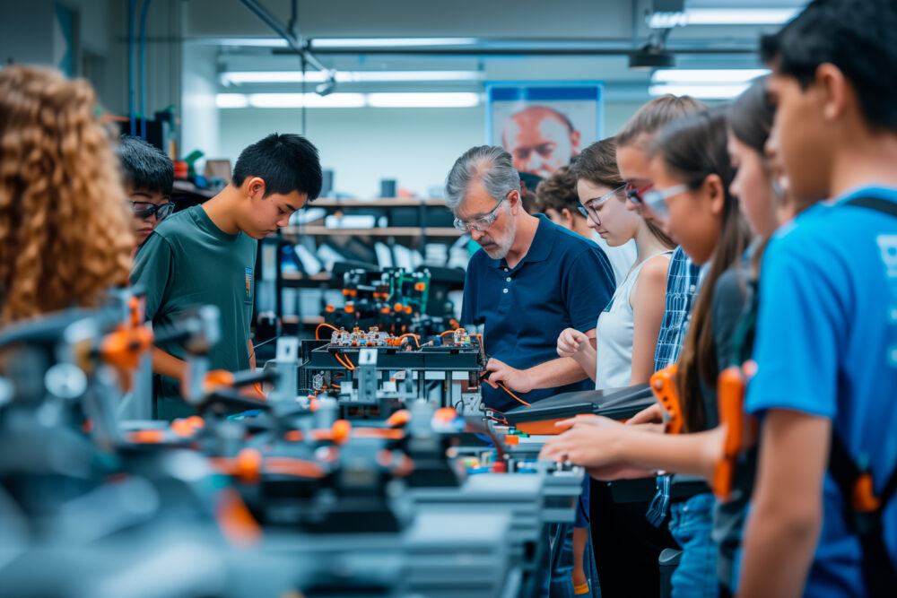 science lab where a group of high school students are actively engaged in a robotics class with the teacher
