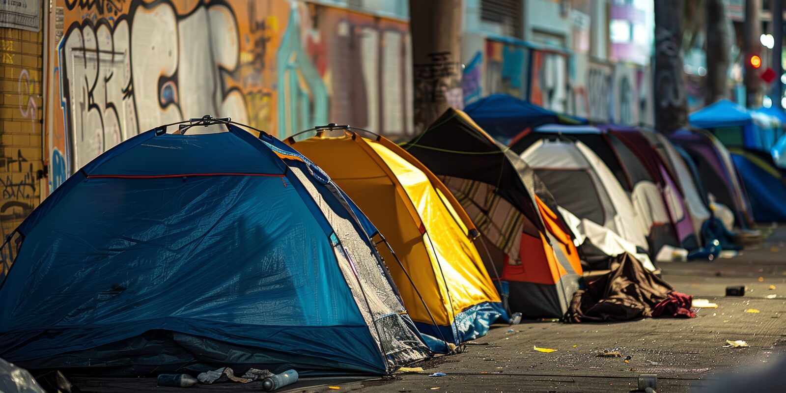 City homeless tents, poor people