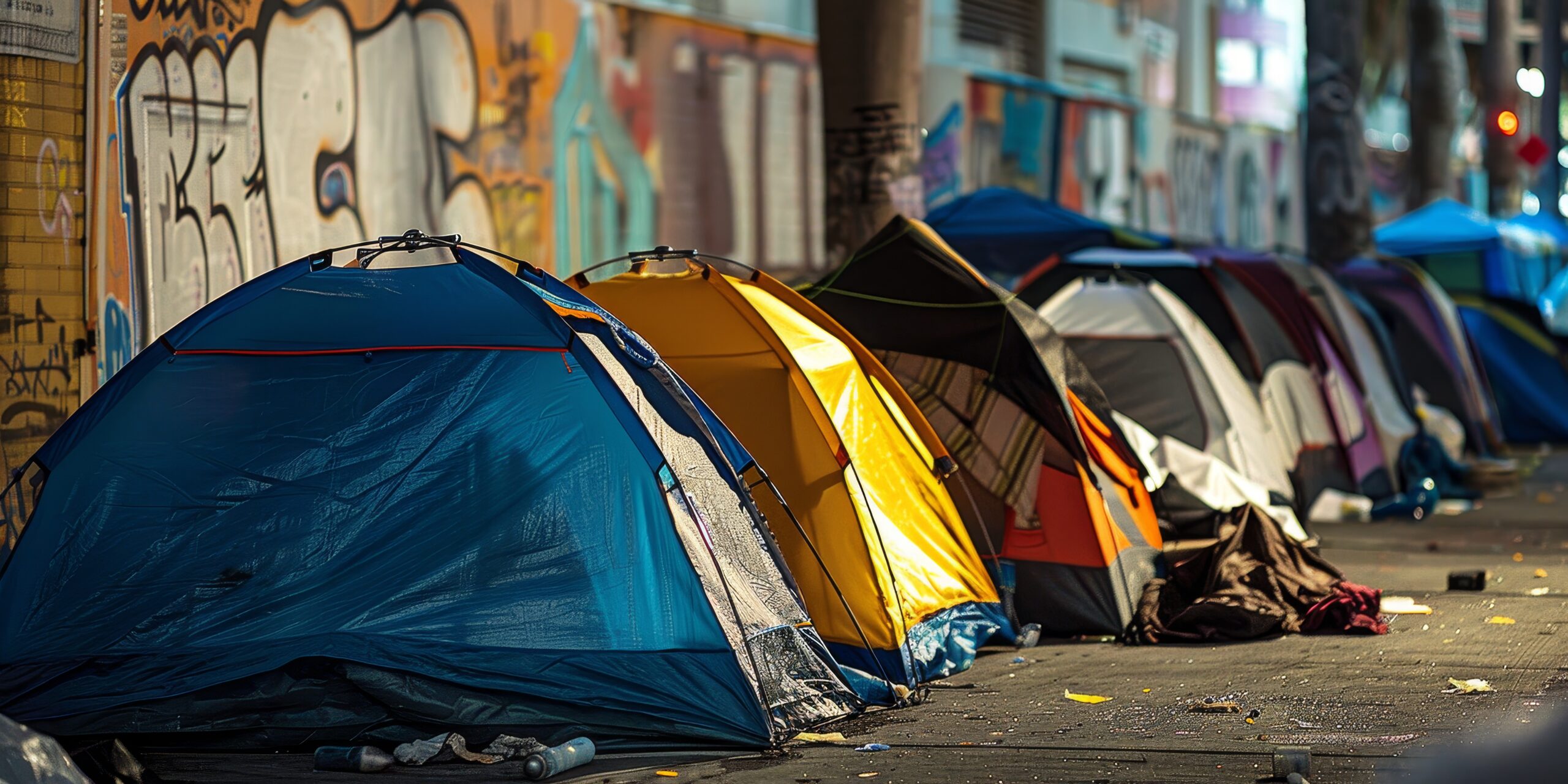 City homeless tents, poor people